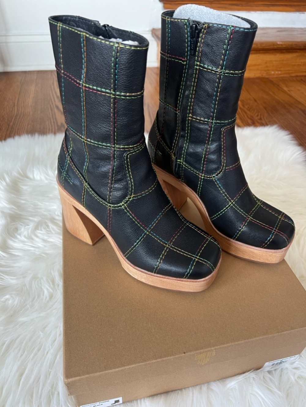 RARE FIND Charlotte Stone Elodie Platform Boots Black with Rainbow Stitching